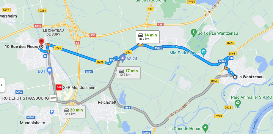 un salon de toilettage à la Wantzenau itinéraire vers Aux plaisirs canins